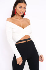 White Cross Over Front Bardot Top - Cardie