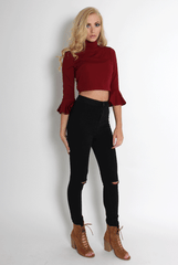 Iris Wine Bell Sleeve Turtle Neck Top