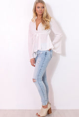 Ilona White V Front Bell Sleeve Top