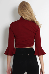 Iris Wine Bell Sleeve Turtle Neck Top