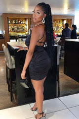 Black Satin Strappy Cross Back Ruched Dress - Catarina