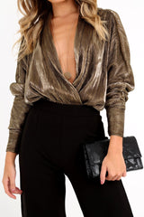Gold Pleated Ruched Sleeve Plunge Bodysuit - Wynona