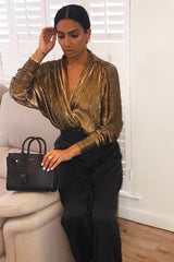 Gold Pleated Ruched Sleeve Plunge Bodysuit - Wynona