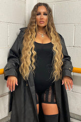 Black Faux Leather Oversized Double Breasted Trench Coat- Xia