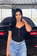 Black Ribbed Button Front Cap Sleeve Bodysuit - Billie