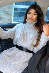 Grey Oversized Knitted Turtle Neck Jumper Dress - Freyah