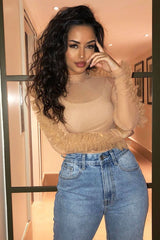 Nude Mesh High Neck Frill Sleeve Bodysuit - Carla