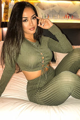 Khaki Lace Up Rib Crop Top Trousers Loungewear Set - Jesi