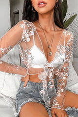 White Pink Mesh Floral Tie Front Crop Top - Elana