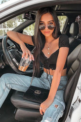 Black Lace Up Sweetheart Puff Sleeve Crop Top - Kandis