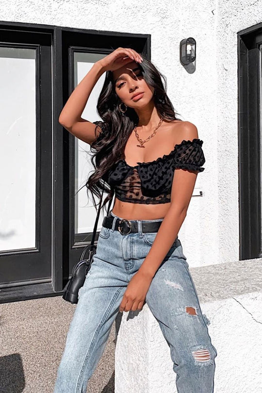 Black Polka Mesh Milkmaid Crop Top - Rosa