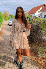 Camel Sheer Ruffle Lace Front Dress - Loise