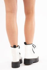 White Faux Leather Platform Chunky Ankle Boots - Miami