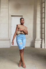 Mid Blue Distressed Longline Denim Shorts - Dakotah