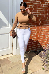 Camel Peplum Frill Long Sleeve Top - Fari