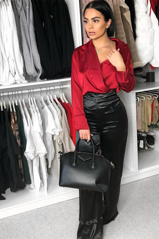 Wine Plunge Satin Bodysuit - Rebeka