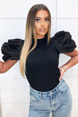 Black Puff Short Sleeve Ribbed Top - Eilah