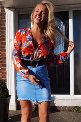 Red Floral Long Sleeve Plunge Bodysuit - Nicole