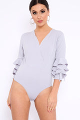 Grey Wrap Front Frill Sleeves Bodysuit - Yazlin