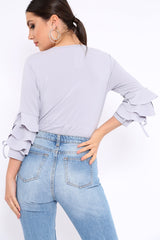 Grey Wrap Front Frill Sleeves Bodysuit - Yazlin