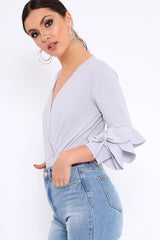 Grey Wrap Front Frill Sleeves Bodysuit - Yazlin