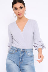 Grey Wrap Front Frill Sleeves Bodysuit - Yazlin