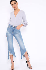 Grey Wrap Front Frill Sleeves Bodysuit - Yazlin