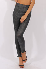 Gunmetal Grey Metallic Ribbed High Waisted Leggings - Yasmin