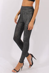 Gunmetal Grey Metallic Ribbed High Waisted Leggings - Yasmin