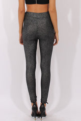 Gunmetal Grey Metallic Ribbed High Waisted Leggings - Yasmin