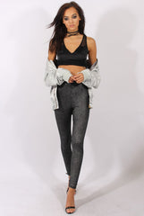 Gunmetal Grey Metallic Ribbed High Waisted Leggings - Yasmin
