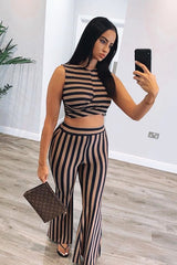 Navy Camel Stripe Rib Crop Top Trousers Co-Ord - Elmira