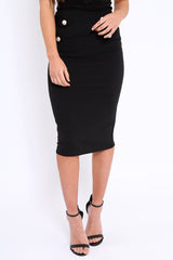 Black Midi Bodycon Skirt with Button Detailing - Yasmina