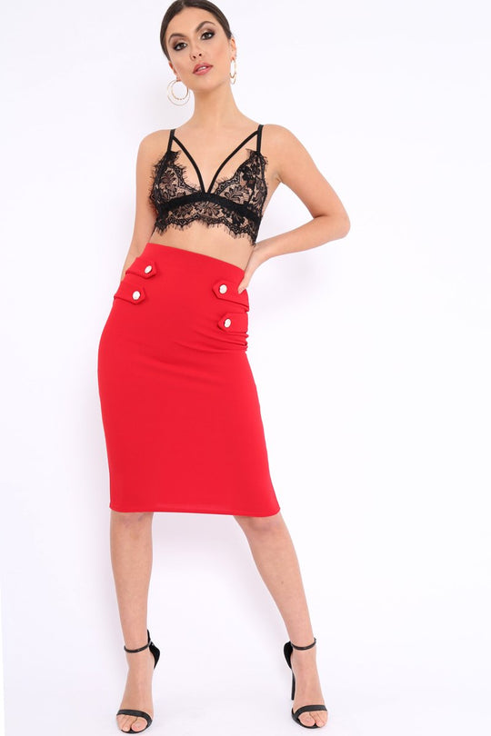 Red Midi Bodycon Skirt with Button Detailing - Yasmina