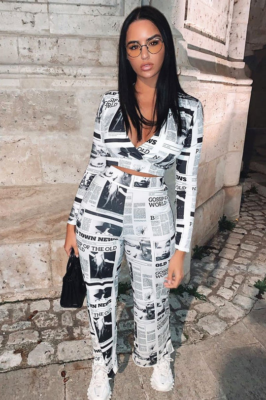 White Newspaper Print Straight Leg Trousers - Lawryn