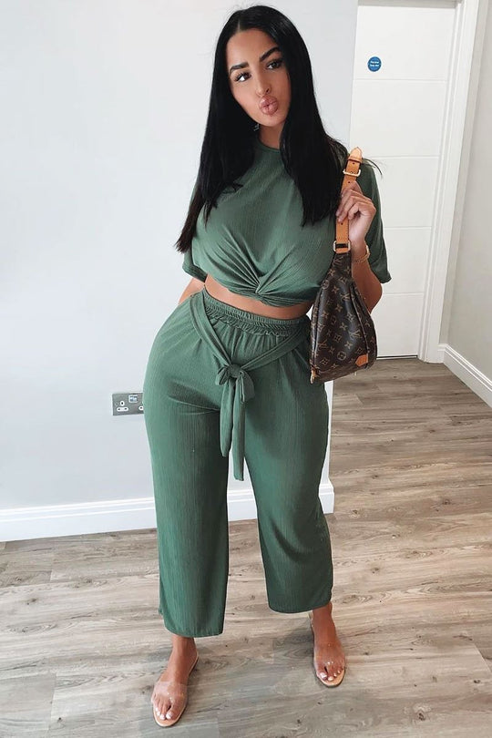 Khaki Plisse Wide Leg Trouser and Top Co-ord - Hellen