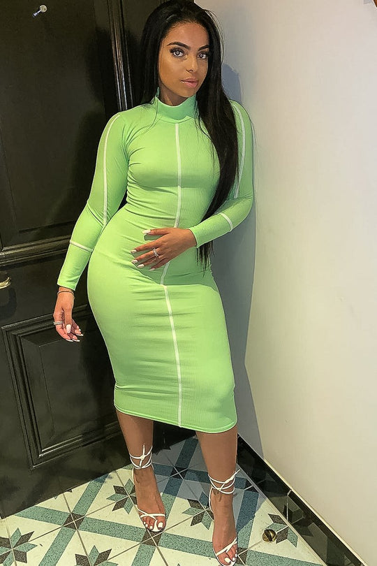 Lime Green Contrast Stripe Detail High Neck Midi Dress - Niana