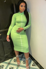 Lime Green Contrast Stripe Detail High Neck Midi Dress - Niana
