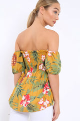 Yellow Floral Bardot Top with Shirred Bust - Dorris