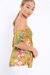 Yellow Floral Bardot Top with Shirred Bust - Dorris