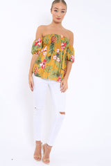 Yellow Floral Bardot Top with Shirred Bust - Dorris