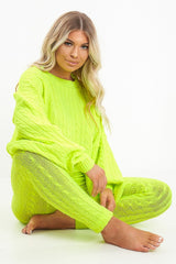 Neon Yellow Cable Knit Batwing Jumper Loungwear Set - Janea