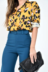 Yellow Leopard Print Satin Shirt - Ivani