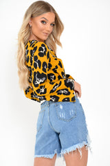 Yellow Leopard Flare Sleeve Tie Crop Blouse - Coralie