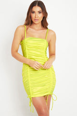 Neon Yellow Satin Ruched Front Mini Dress - Delsie