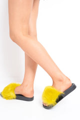 Mustard Faux Fur Feather Sliders - Aalyssa