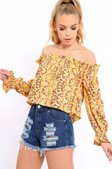 Mustard Floral Print Bardot Frill Crop Top - Rayna