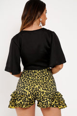 Yellow Leopard Ruffle Trim Belted Shorts - Afra