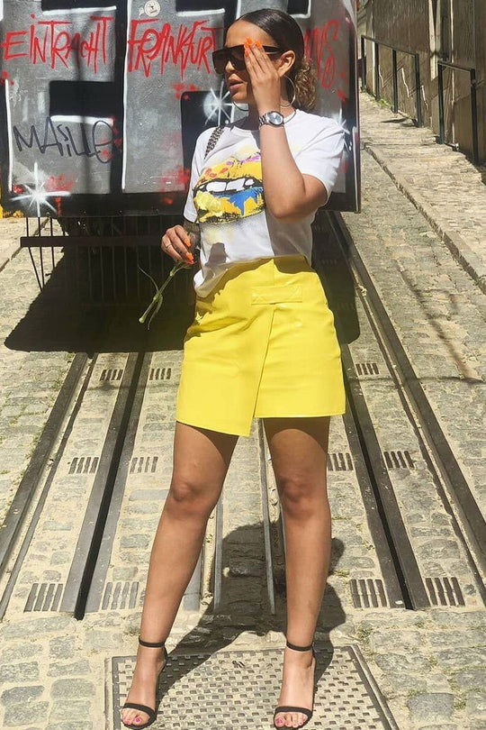 Yellow PU Faux Croc Wrap Over Skirt - Enessa