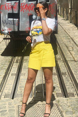 Yellow PU Faux Croc Wrap Over Skirt - Enessa